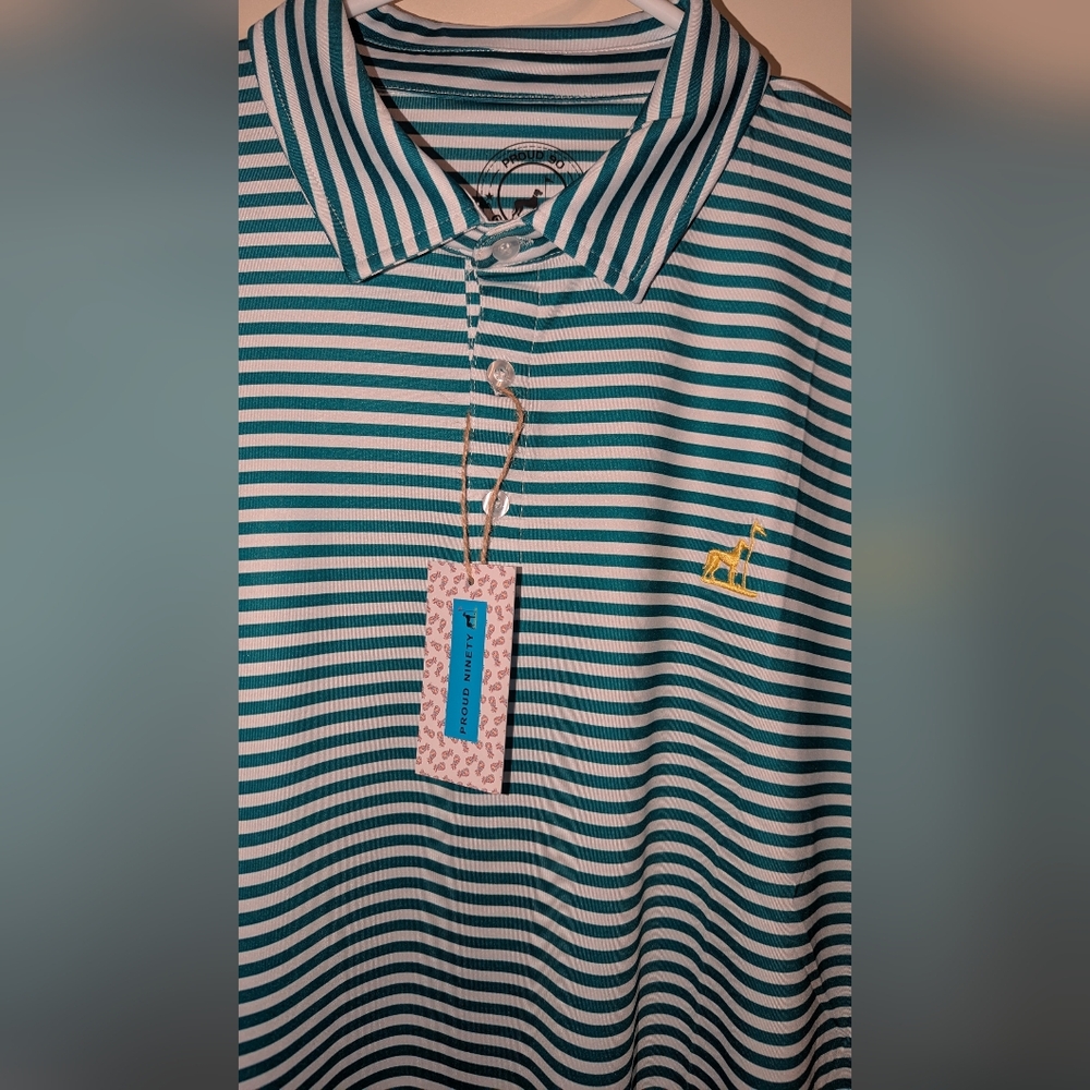 Proud Ninety 90 Shirt Polo golf Pickball Men's XL  NWT Green & white Stripe Fun